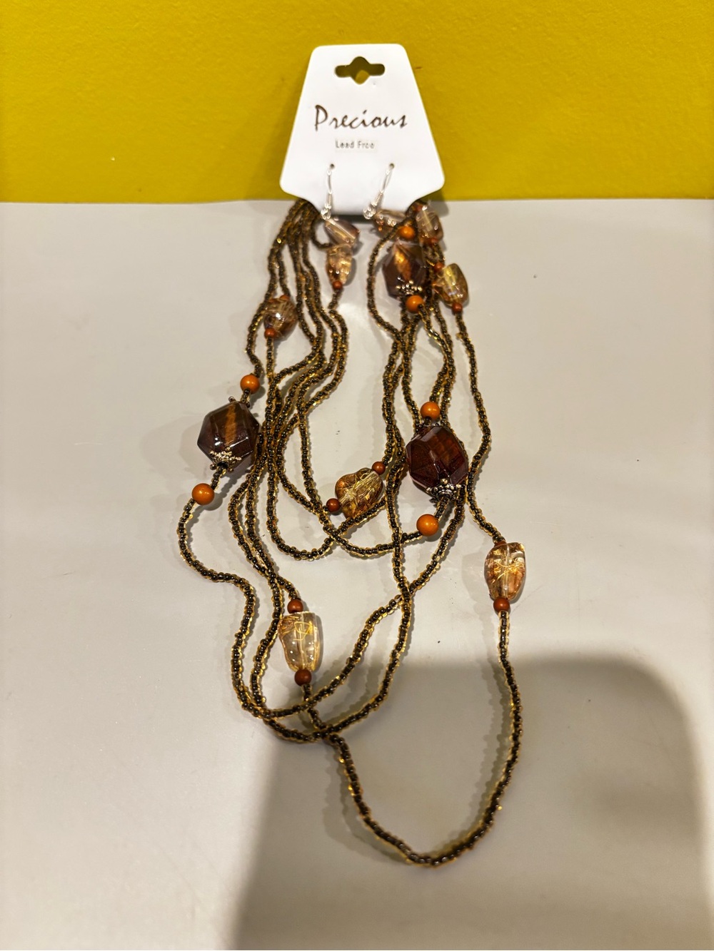 Multi-Strand Brown & Amber Beaded Necklace & earrings set